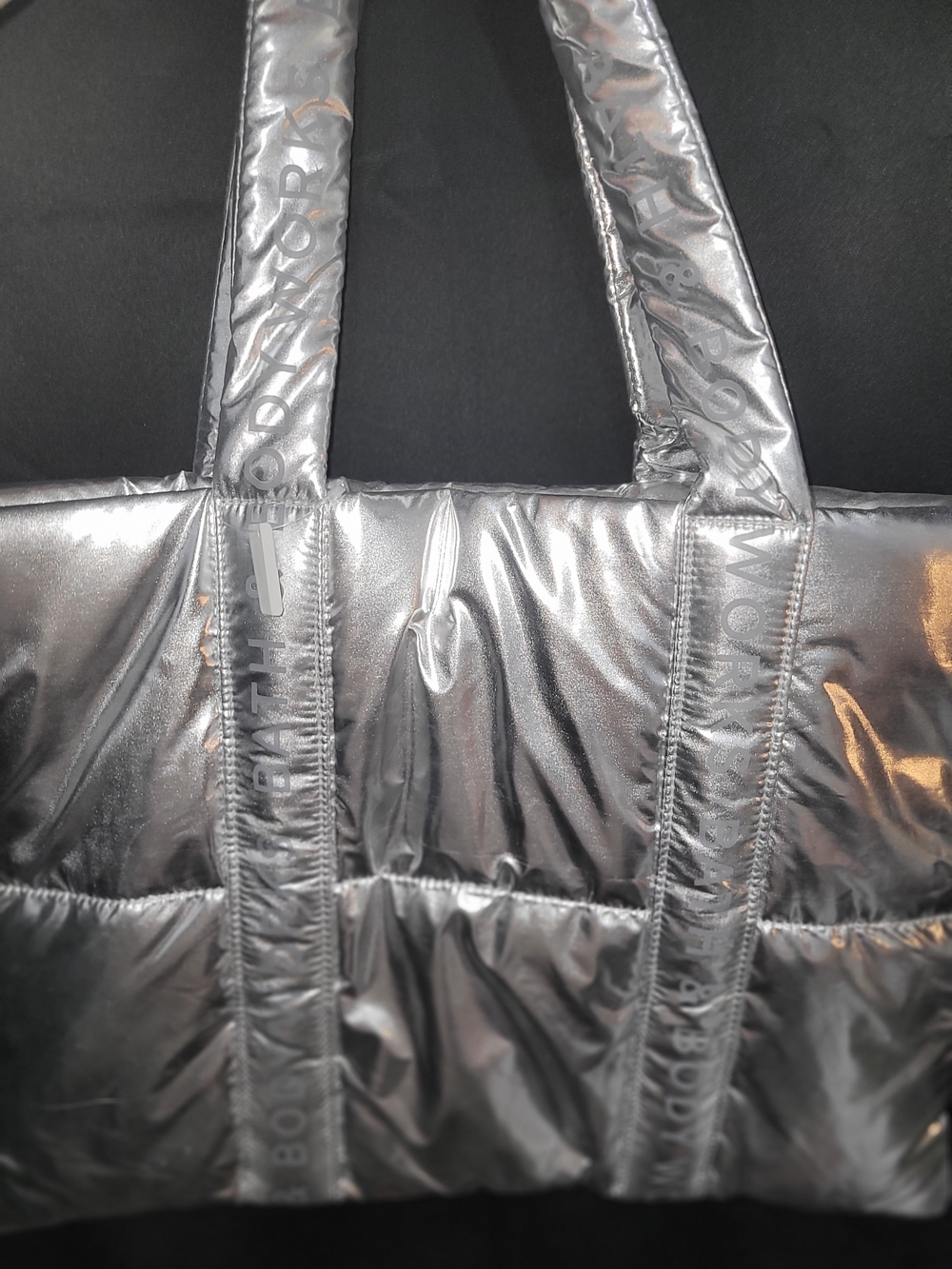 NWT Metallic Silver Puffer Tote Bag Bath & Body Works